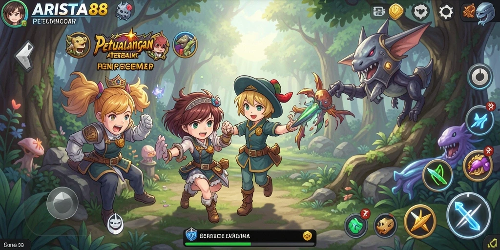 Screenshot ARISTA88 menampilkan karakter anime dalam aksi petualangan seru.