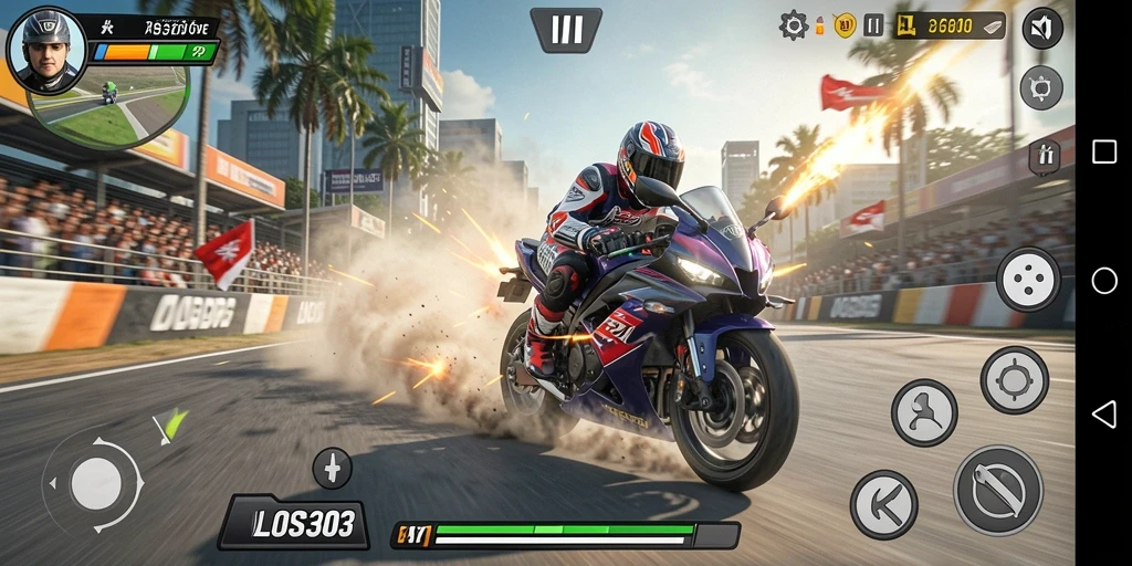 Tampilan gameplay balapan motor yang seru dan intens.