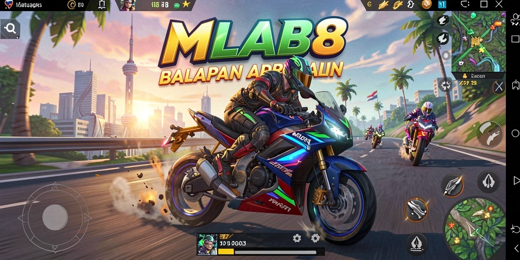 Screenshot gameplay MLBB8 menampilkan balapan motor yang intens dan menegangkan.