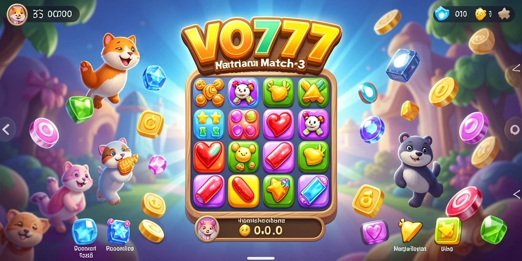 Screenshot gameplay VO777 dengan tampilan berwarna-warni dan penuh aksi Match-3.